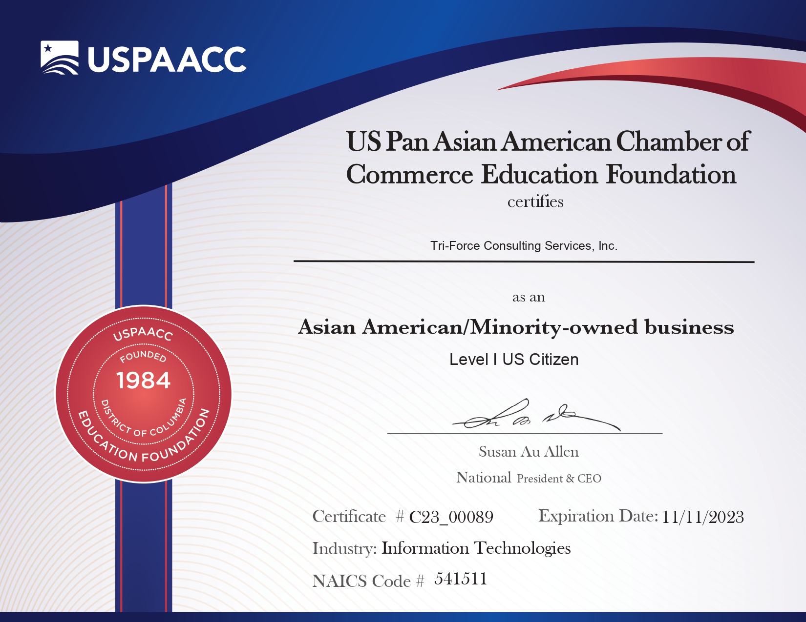 USPAACC MBE Certificate page